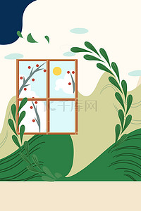 简约绿色唯美清新自然花草窗户背景图