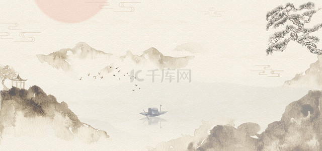 山水船只背景图片_中国风底纹水墨山水松树落日背景