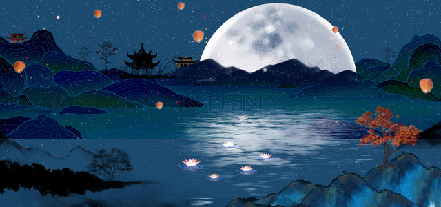 水墨山背景图背景图片_中国风海上明月背景