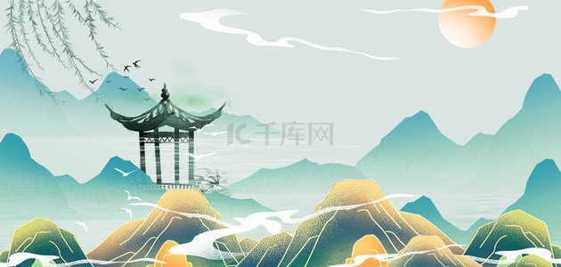 绿色远山中国风背景图片_中国风山水绿色古风柳叶