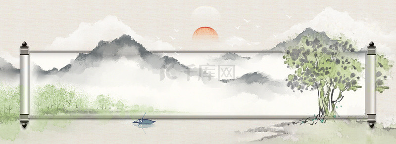 清明节传统背景图片_中国风水墨山水卷轴背景