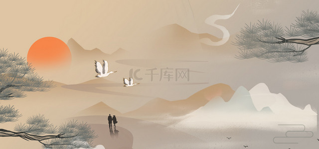 九九节气背景图片_简约中国风远山重阳节气背景海报