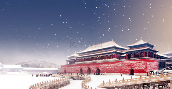 简约雪景创意合成背景图片_创意简约故宫雪景背景合成