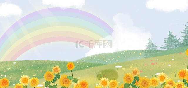 夏季草地背景图片_夏季卡通草地花丛白云彩虹背景