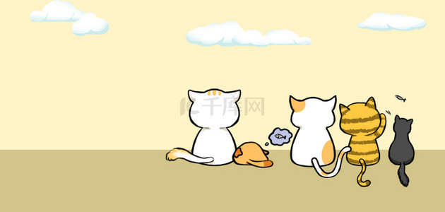 小猫与铃铛背景图片_动物小猫黄色卡通banner