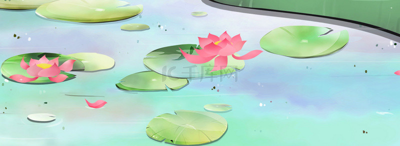 夏天池塘卡通背景图片_卡通绿色的荷叶和花朵