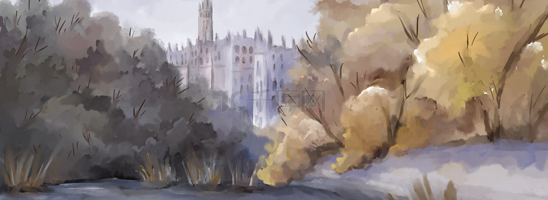 水彩城堡树木背景图