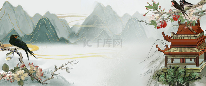 中国风复古工笔画背景图片_中国风水墨山水工笔画亭台楼阁山鸟画背景