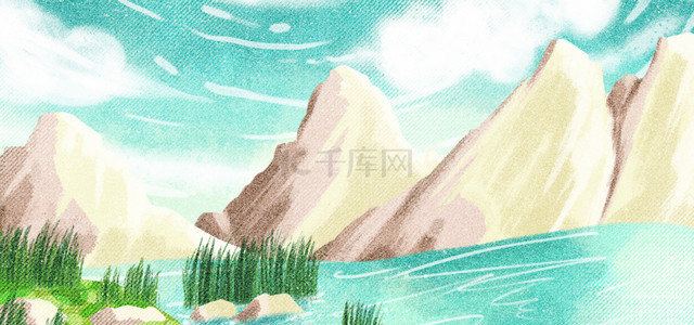 夏季蓝天白云山河清新背景