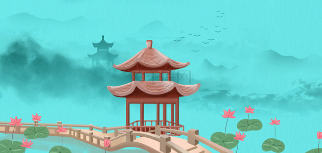 荷花建筑背景图片_中国风古风山水蓝色国风背景