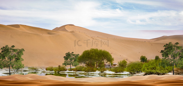 沙漠手举牌背景图片_绿洲沙漠地区植被背景