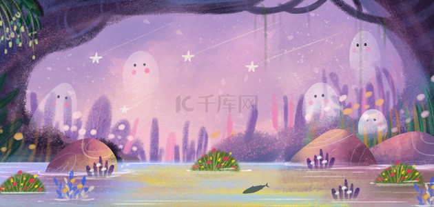 传统鬼节背景图片_万圣节夏日夏季夜晚紫色树丛河流背景