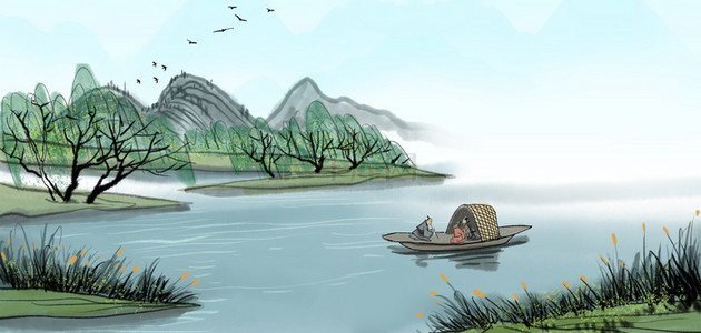 青色水墨背景图片_中国古风青山绿水浅绿色青色水墨河流船支