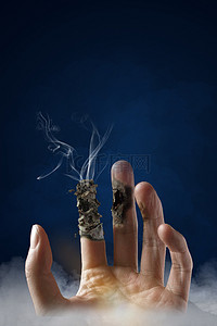 烟草背景图片_世界无烟日燃烧的手蓝色简约背景