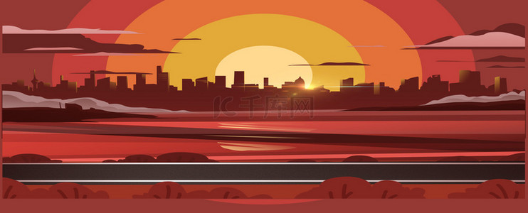 城市矢量扁平背景图片_红色矢量扁平夕阳河边