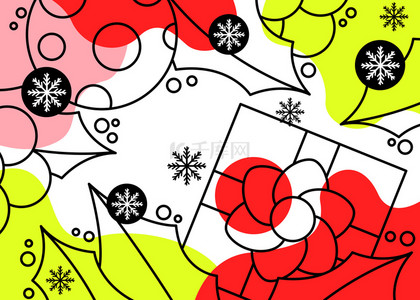 圣诞线稿背景图片_可爱礼盒冬青彩球圣诞线稿色块背景