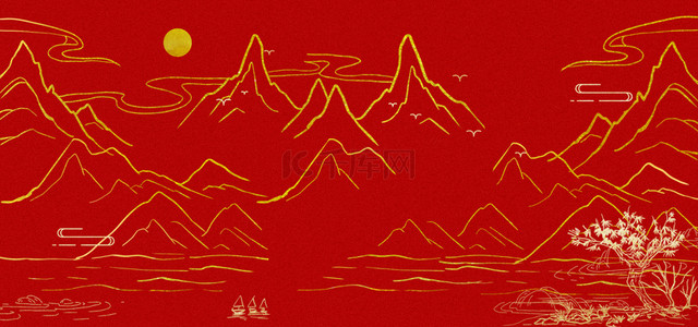 中国风金线背景图片_红色中国风金线红色中国风意境线条