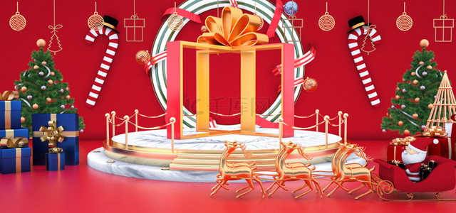 圣诞麋鹿背景图片_圣诞节横版红色C4D合成质感层次