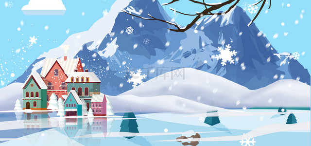 冬季雪中房子蓝色卡通可爱
