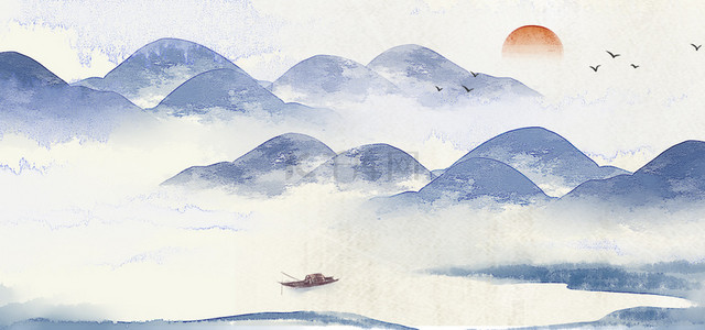 中国元素背景图片_古风山水落日船只暖色背景