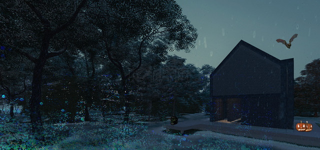 平安夜雪景背景图片_3d蓝色万圣节鬼屋海报