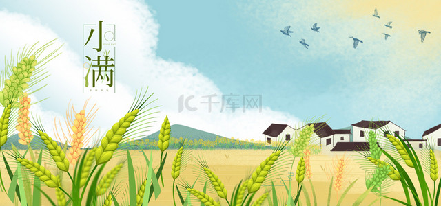 小麦中国风背景图片_小满节气清新麦子传统节气