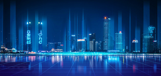 蓝色科技感城市建筑物背景图片_智慧科技城市高清背景