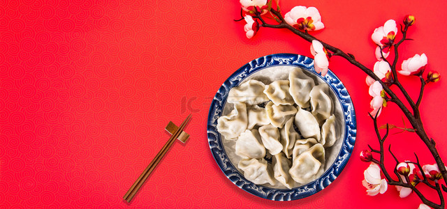 春节创意背景背景图片_新年红色水饺合成创意背景