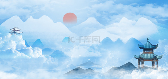 中式山水意境背景图片_古风背景中国风亭子蓝色渐变唯美