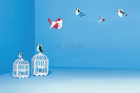 立体空间海报背景图片_时尚立体空间小鸟鸟笼蓝色电商banner