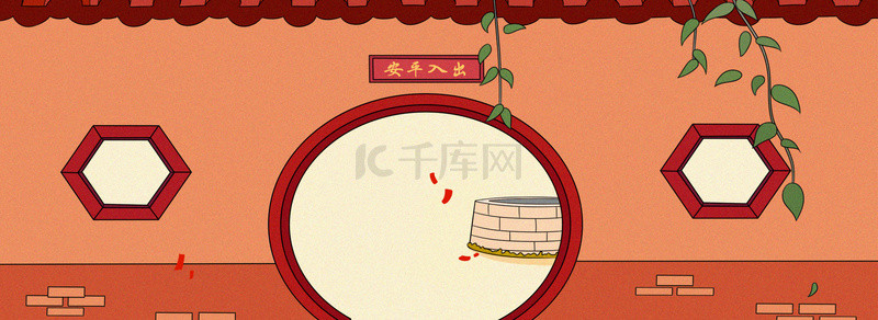 红色过年江南喜庆拱门手绘文艺背景图
