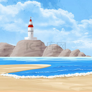 手绘旅行蓝色背景图片_蓝色大海手绘暑假旅行少女海滩背景