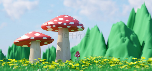 春天蘑菇花草绿色c4d