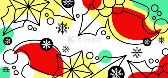 线稿线背景图片_可爱圣诞帽冬青圣诞线稿色块背景
