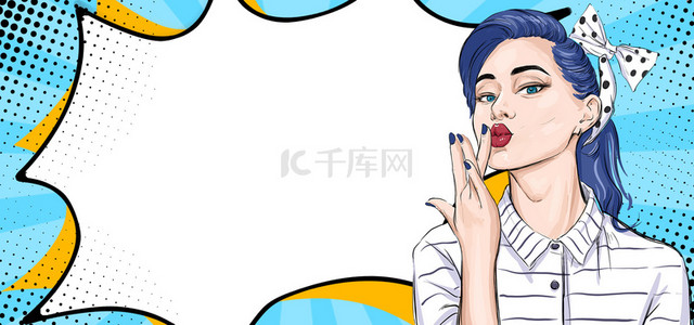 创意对话背景图片_创意波普女人促销彩色半调蓝色背景