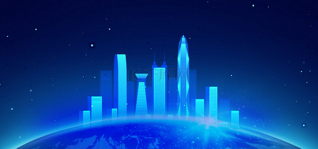 城市建筑线条蓝色背景图片_蓝色科技深圳城市建筑背景