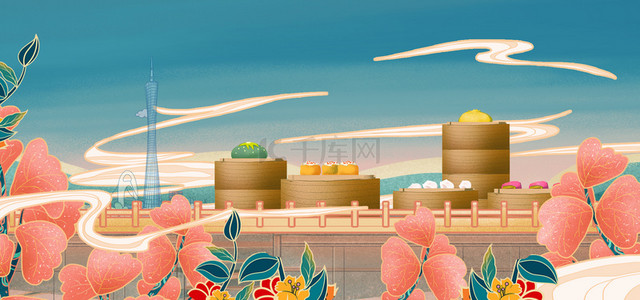 中国风地标建筑背景图片_中式美食广州早茶国潮手绘背景
