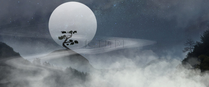 中国风背景月亮背景图片_水墨风玄幻仙侠梦幻夜空背景