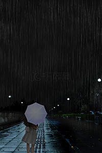夜晚雨天女孩背影卡通手绘女孩美食背景bannerc4d卡通食物创意背景