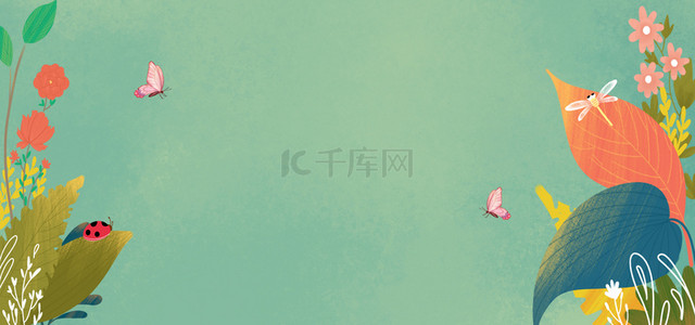 春季背景图片_春天蝴蝶绿植绿色卡通banner