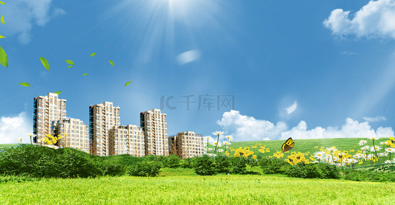 绿色简约创意背景图片_清新绿色城市创意背景合成
