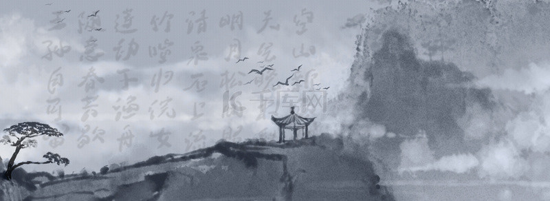 水墨背景书法字背景图片_简约水墨亭子书法背景