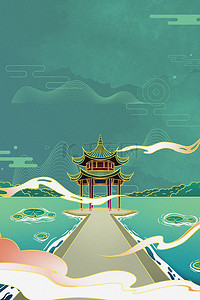 中国风古建筑绿色国潮山水背景
