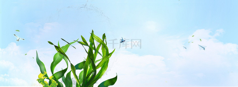 蓝色小清新飞机背景图片_蓝色小清新绿色植物banner海报背景