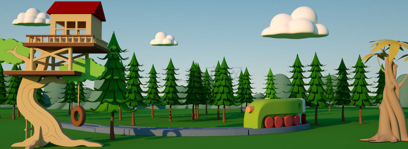 C4D卡通唯美小火车森林风景场景