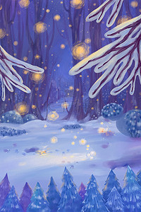 冬季夜晚背景图片_蓝色夜晚冬天松树雪枝冬季广告背景