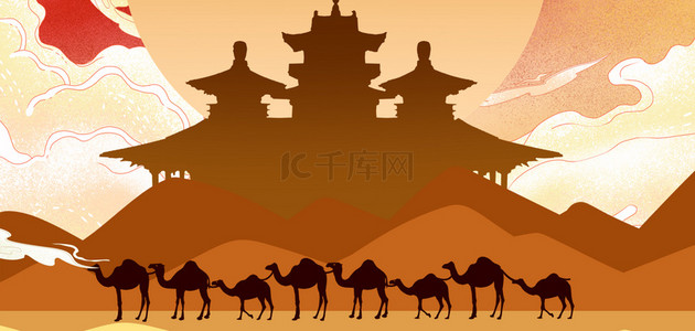 国风棕色背景图片_敦煌沙漠骆驼中国风背景