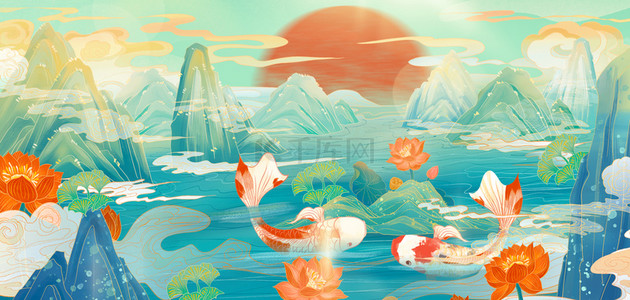中国风绿色底纹背景图片_古风山水山峰绿色国风主题海报