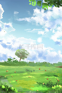清新文艺图背景图片_自然风景蓝天白云树木绿色清新背景图