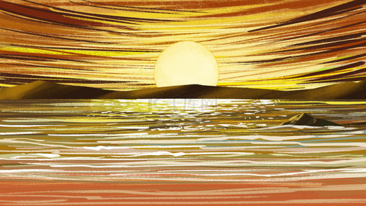 海边油画背景图片_海边夕阳太阳落山风景